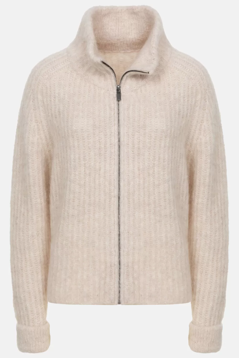 Beige Cardigan Met Rits En Lange Omslagmouwen-Terre Bleue Shop