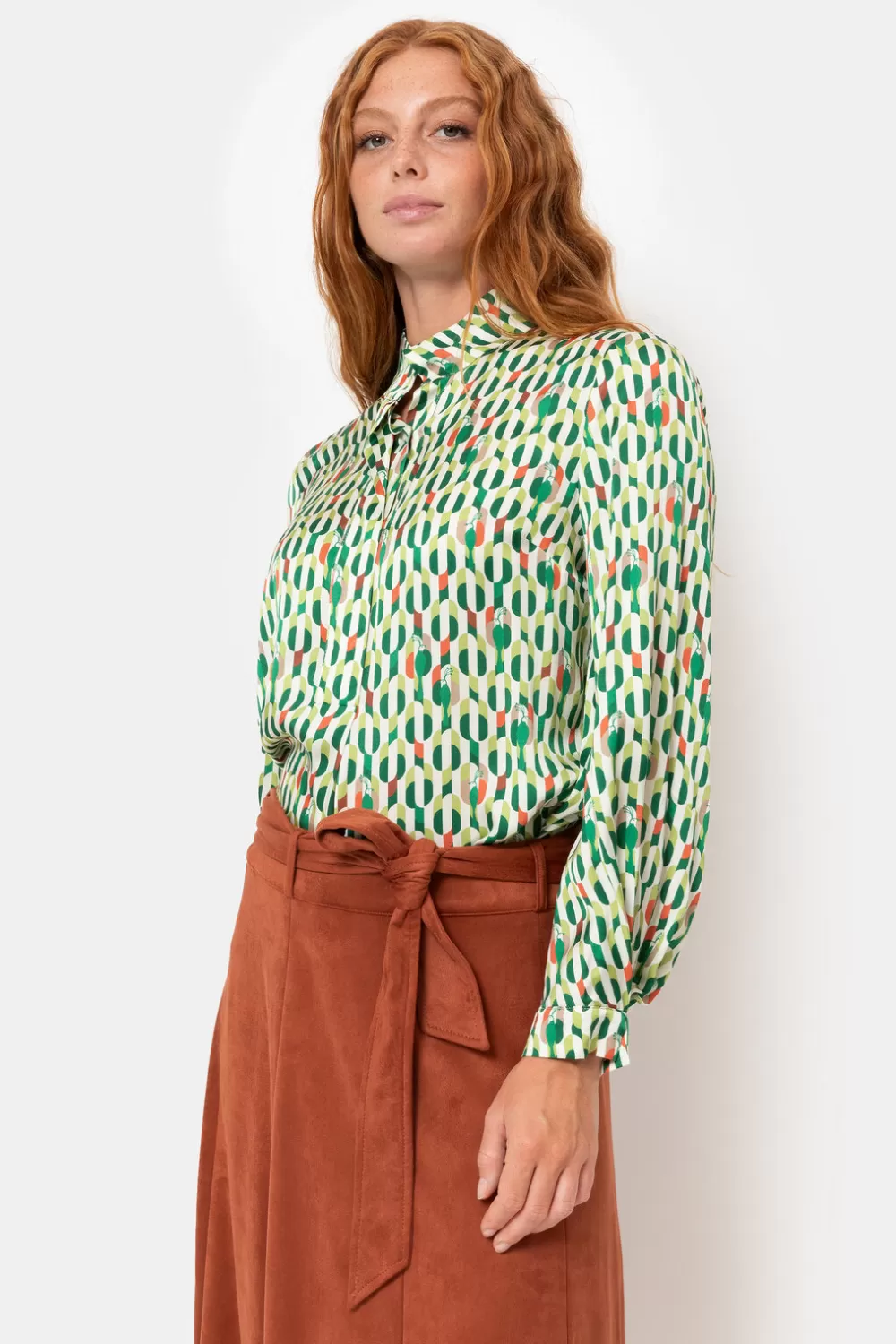 Beige E Blouse Met Lange Mouwen En Print-Terre Bleue Store