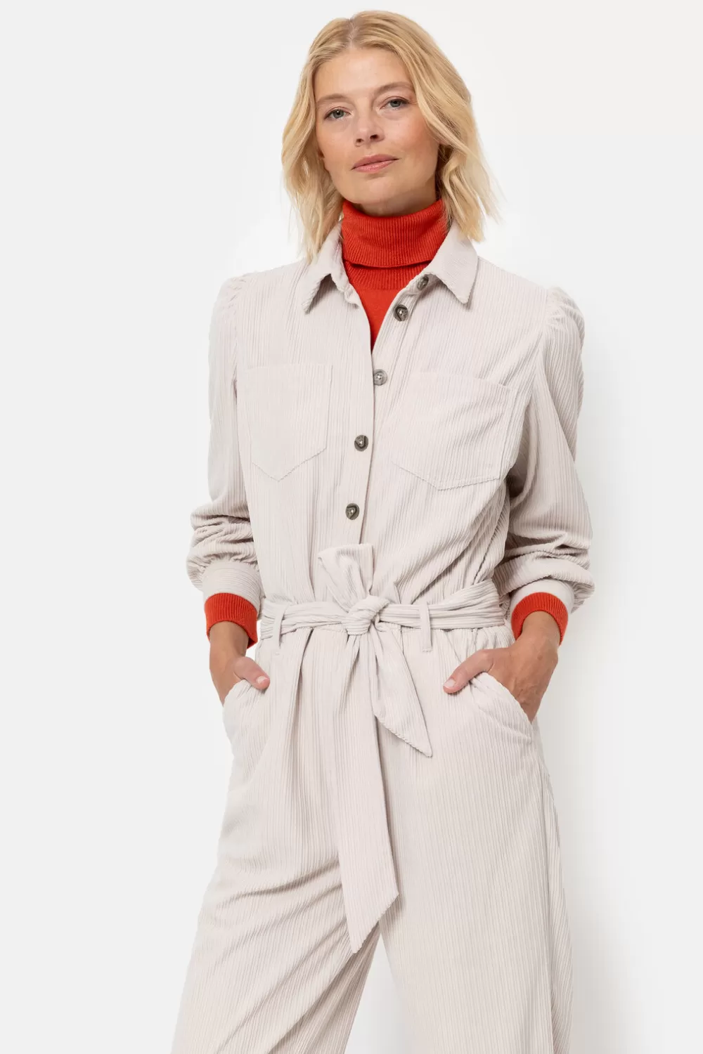 Beige Velours Jumpsuit Met Lange Mouwen-Terre Bleue Outlet