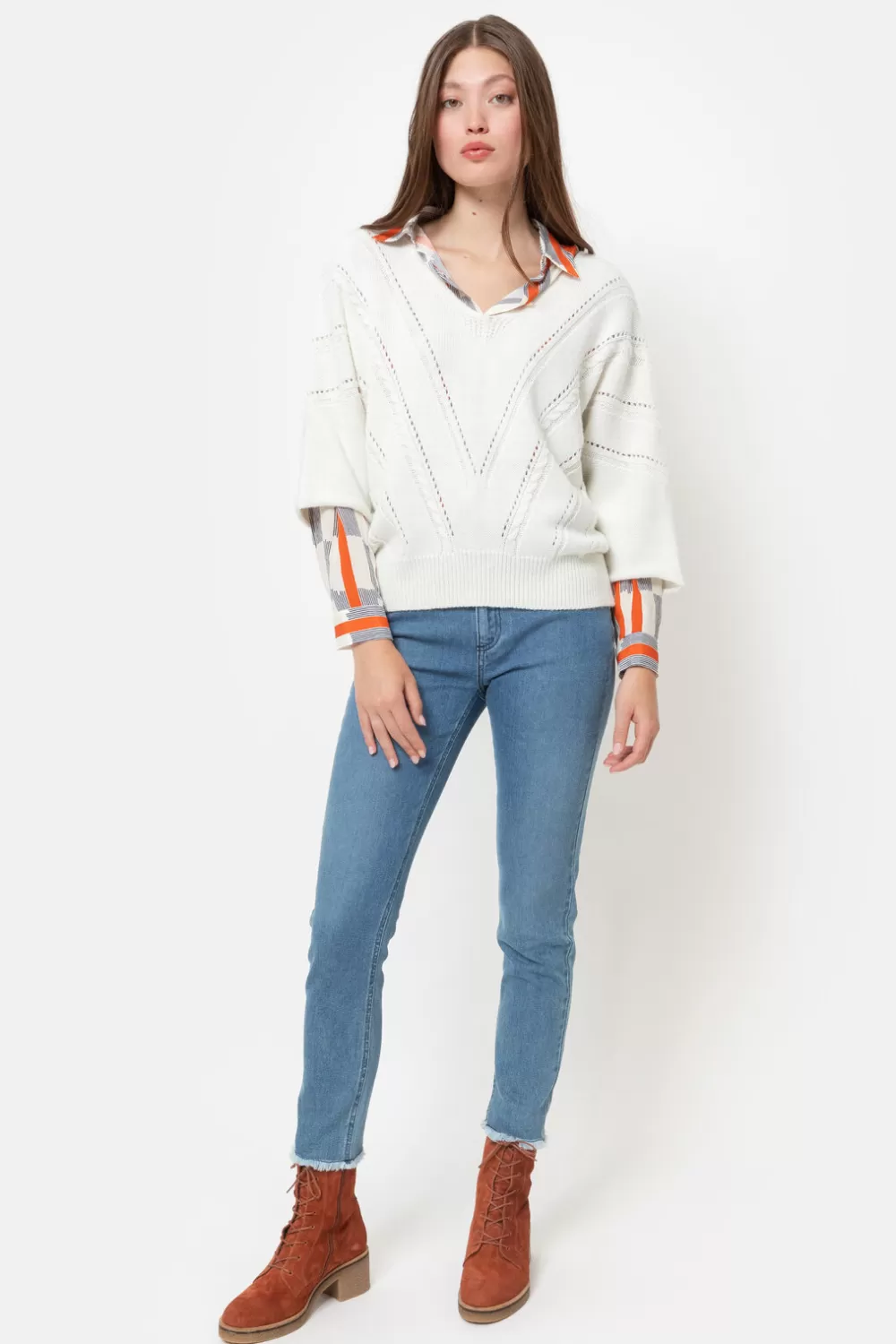 Boxy Pull Met Driekwartmouwen En V-Hals-Terre Bleue Hot