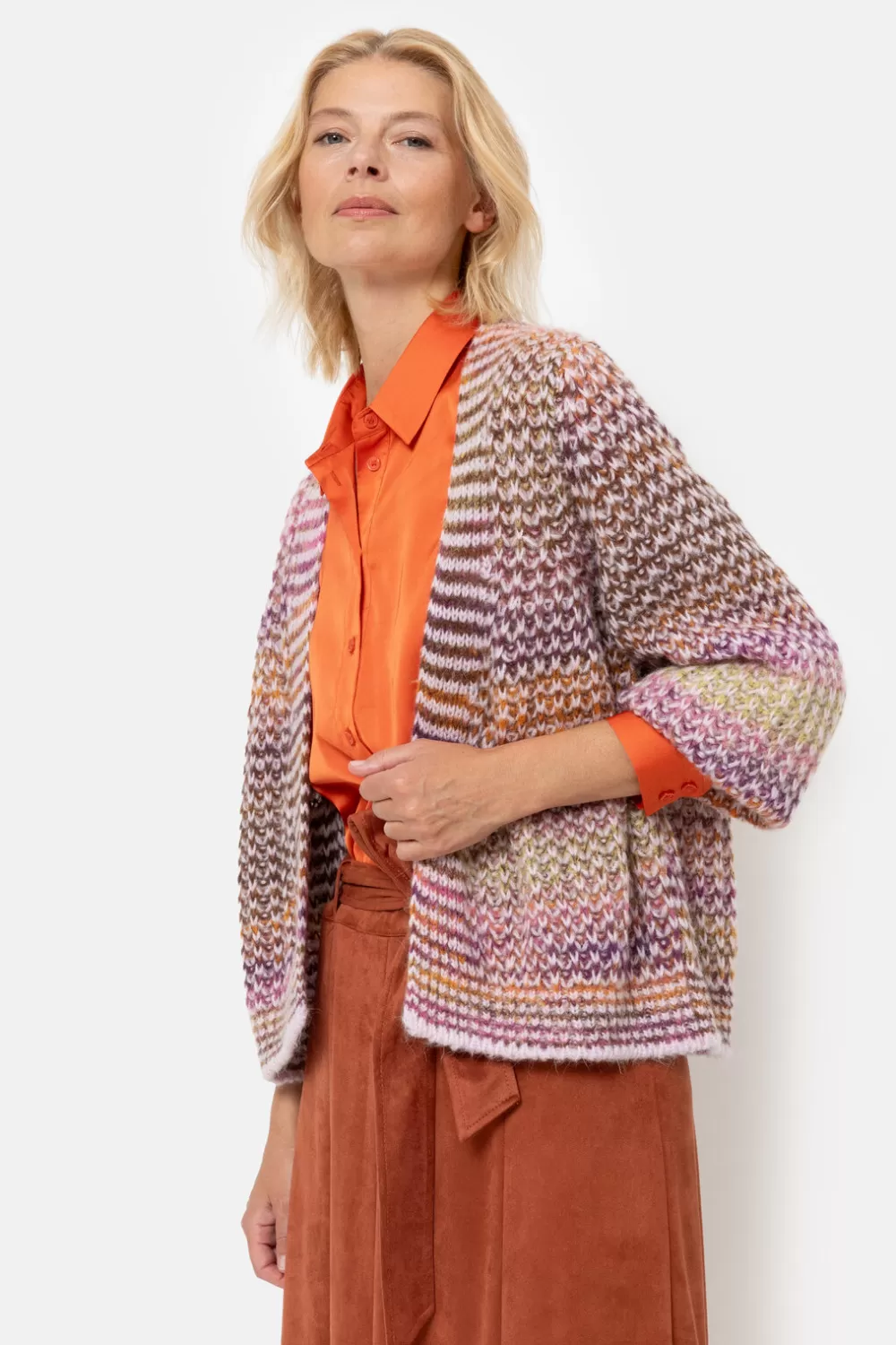 Bruin-Oranje Gestreepte Korte Cardigan-Terre Bleue Sale