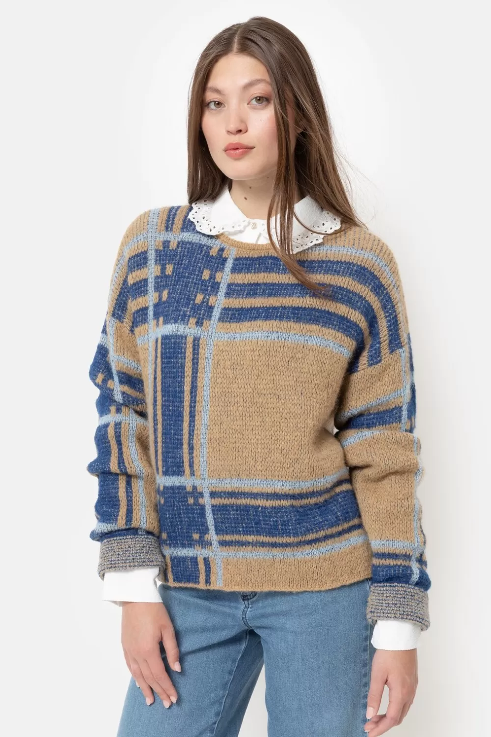 Donkerbeige Pull Met E Colour Blocks-Terre Bleue Shop