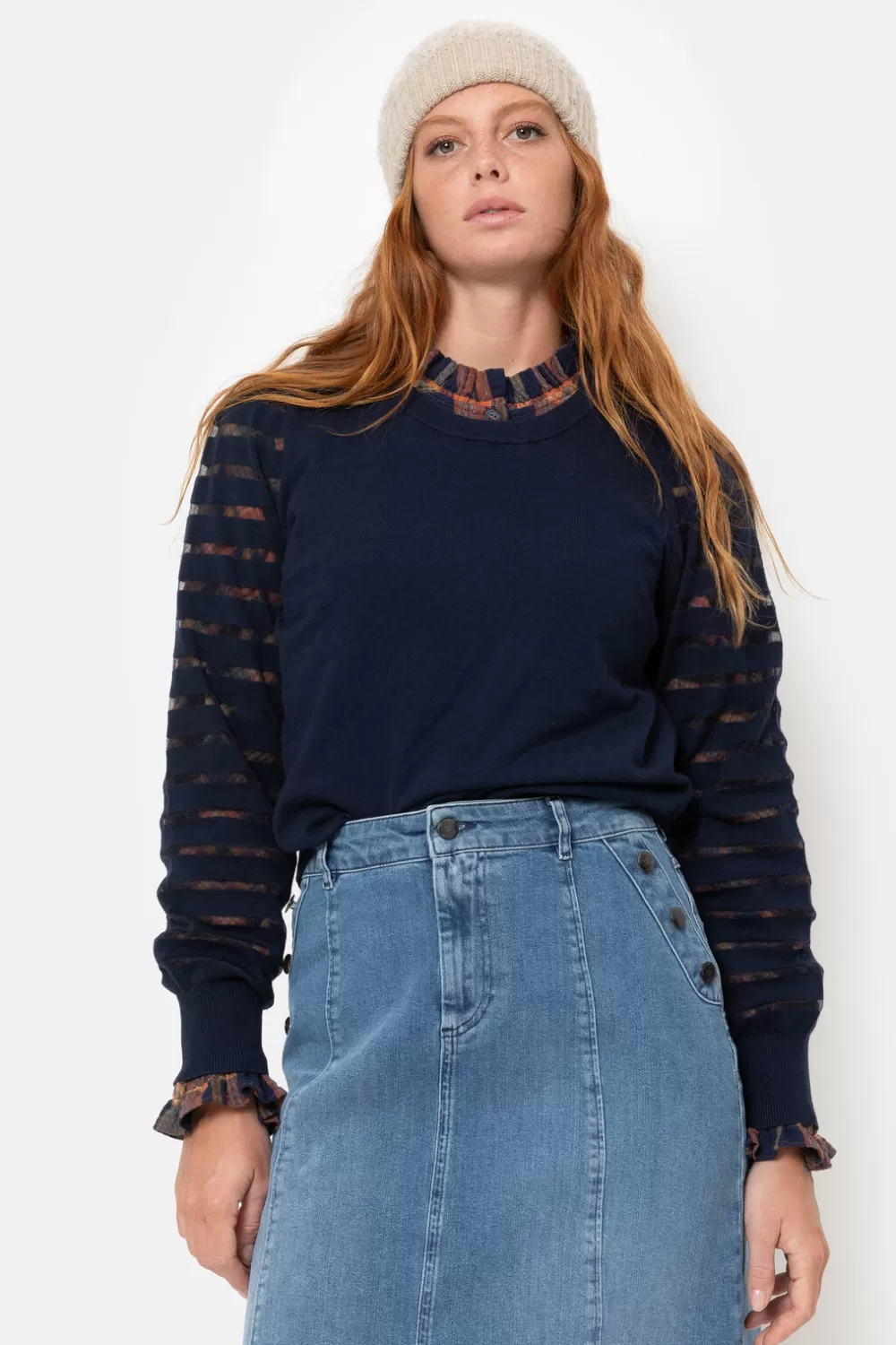 E Pull Met Lange Semitransparante Mouwen-Terre Bleue Cheap