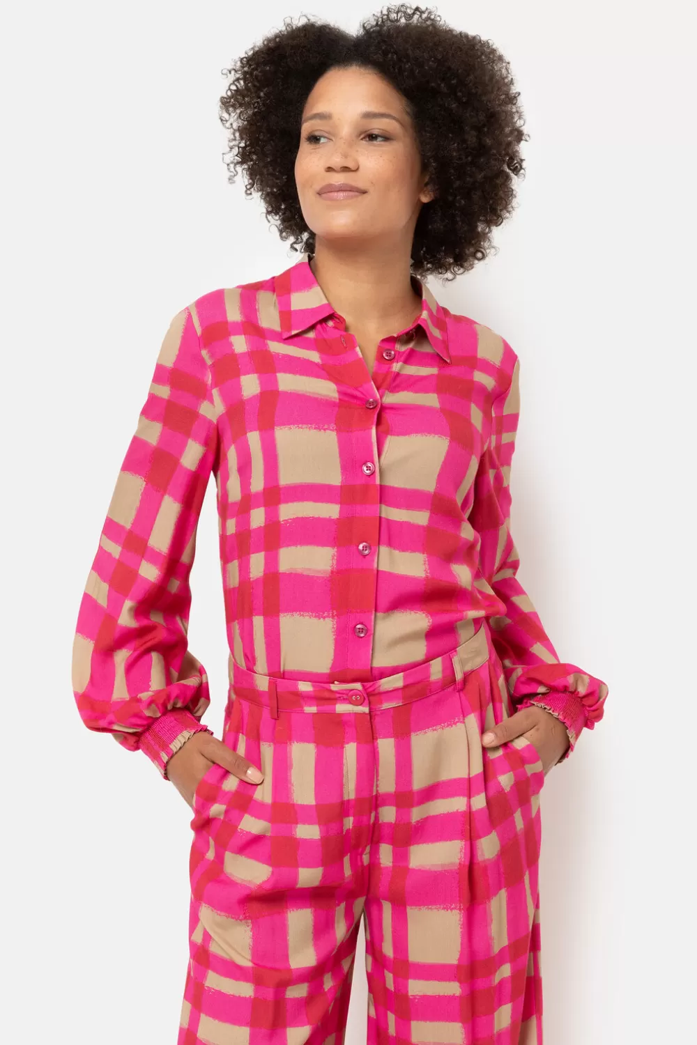 Fuchsia-Bruin Geruite Blouse Met Smock Mouwen-Terre Bleue Sale