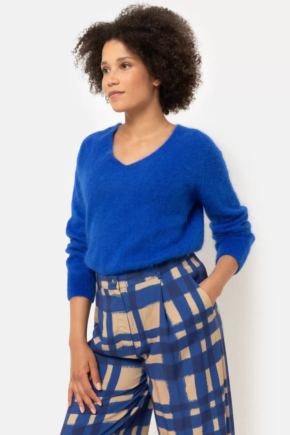 Harige E Pull Met V-Hals En Lange Mouwen-Terre Bleue Cheap