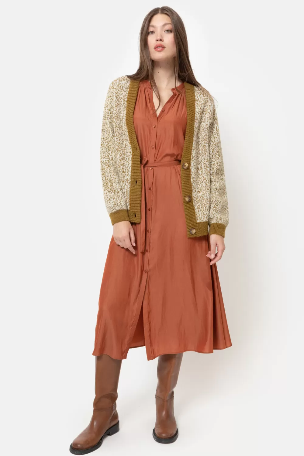 Korte Groen-Beige Cardigan Met Effen Boorden-Terre Bleue Cheap