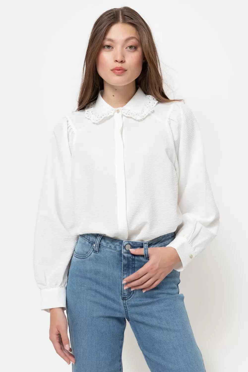 Witte Blouse Met Broderiekraag En Wijde Mouwen-Terre Bleue Cheap